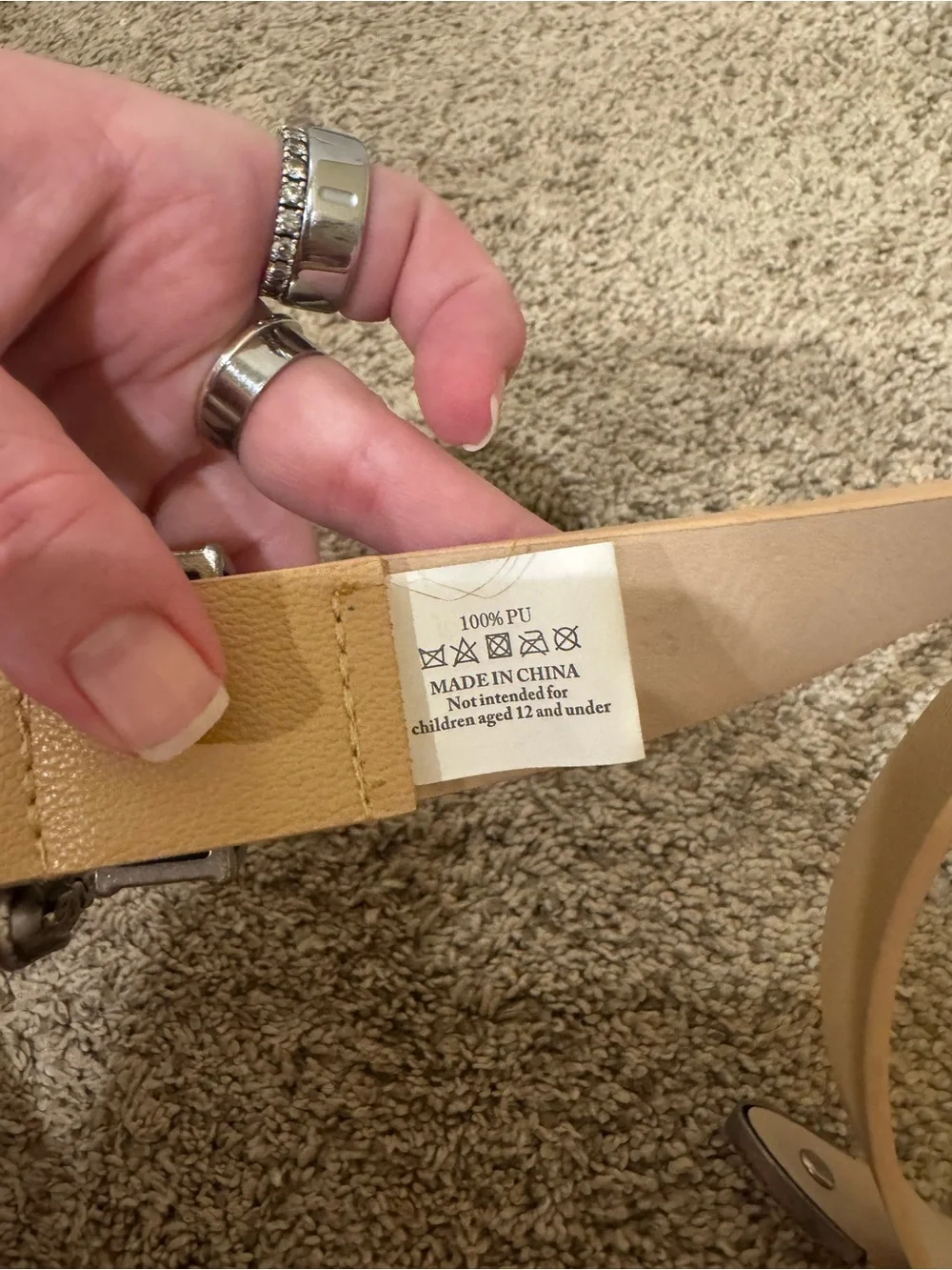 Women’s Beige Leather-Look Belt with Decorative Silver Buckle